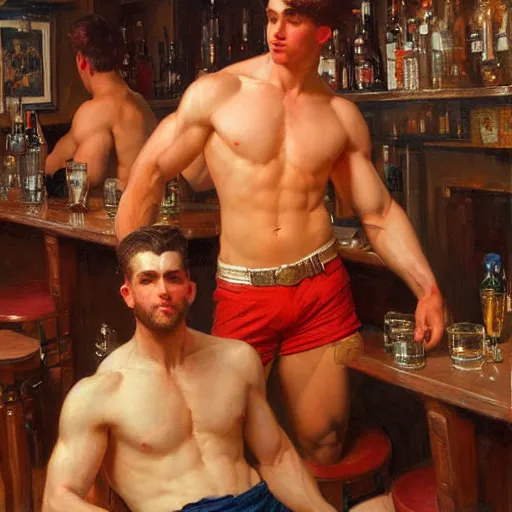 Prompt: attractive muscular male with red hair, and muscular attractive male with black hair, shorts, drinking their hearts out, in a pub. very defined and highly detailed painting by j. c. leyendecker, gaston bussiere, craig mullins 8 k