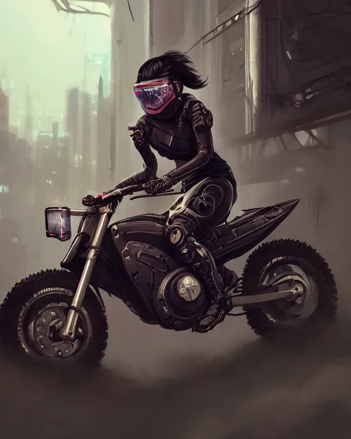 Image similar to girl wearing cyberpunk intricate streetwear riding dirt bike, respirator, detailed portrait, cell shaded, 4 k, concept art, by wlop, ilya kuvshinov, artgerm, krenz cushart, greg rutkowski, pixiv. cinematic dramatic atmosphere, sharp focus, volumetric lighting, cinematic lighting, studio quality