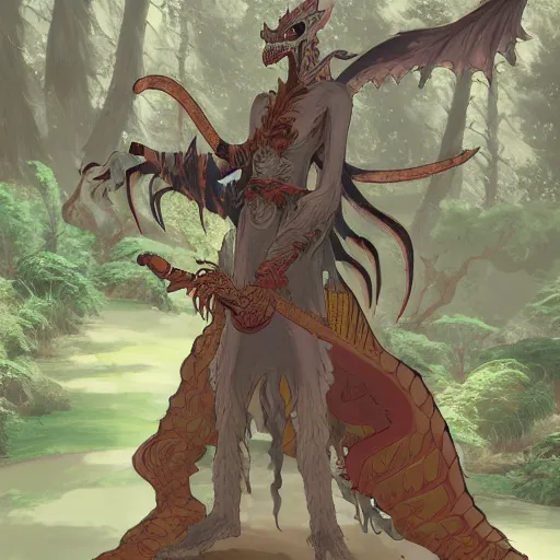 Prompt: concept art painting of an anthropomorphic dragon king with robes, a long dragon neck, and skull mask, in a deep forest, cel shaded, in the style of makoto shinkai and james gurney and studio ghibli and moebius