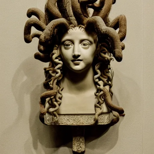 Prompt: a taxidermized medusa mythology, in a museum, portrait,