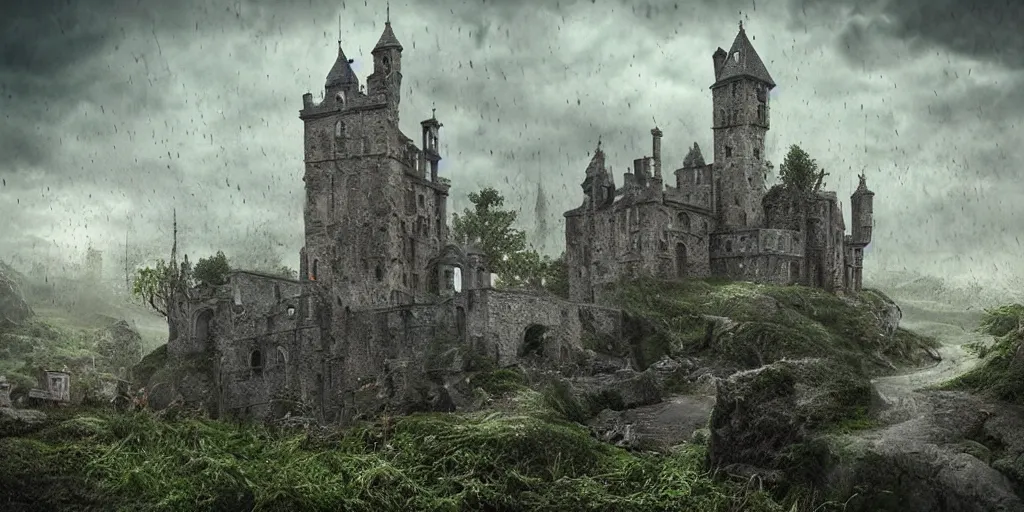 Image similar to matte painting, castle, dramatic landscape, overgrown, cinematic, overcast, lantern light, rain