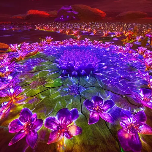 Image similar to electroluiniscent flower blooming at twilight, glow, wide-angle lens, beautiful, intricate, noctilucent, landscape, glowing neon, unreal engine