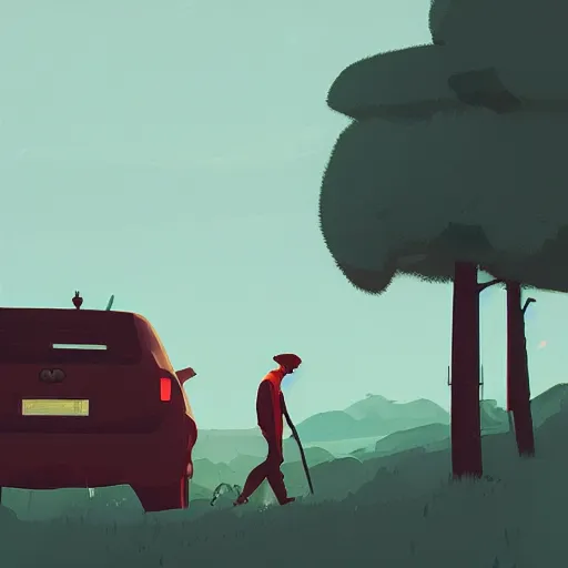 Image similar to hiker unloading the car before camping, by atey ghailan, cgsociety, fantasy art, 2 d game art