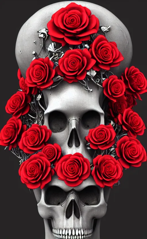 Image similar to skull made of red roses, organic horror, devil, death, giger, epic, baroque, art nouveau, james jean, photorealistic render, 3 ds max, v - ray, extremely detailed and intricate, center composition, elegant, vfx, unreal engine 5, octane render, extremely contrast, extremely sharp lines