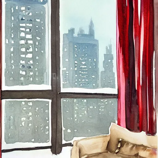 Image similar to modern loft overlooking central park in a blizzard, in watercolor gouache detailed paintings with white oil lines, moebius, art nouveau