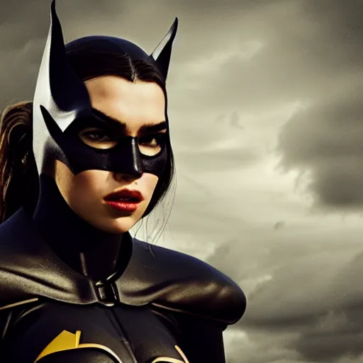 Image similar to a potrait of dua lipa as Batgirl by Zack Snyder, Christopher Nolan, 8k photorealistic, cinematic lighting, HD, high details, dramatic, trending on artstation, view from below, dark atmosphere,