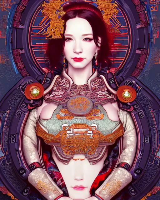 Image similar to portrait of christina hendricks cyberpunk machine, machine face, robed, upper half portrait, decorated with chinese opera motifs, regal, fine china, wuxia, traditional chinese art intricate intense elegant 京 剧 highly detailed digital painting artstation concept art smooth sharp focus illustration, art by artgerm and greg rutkowski alphonse mucha 8 k