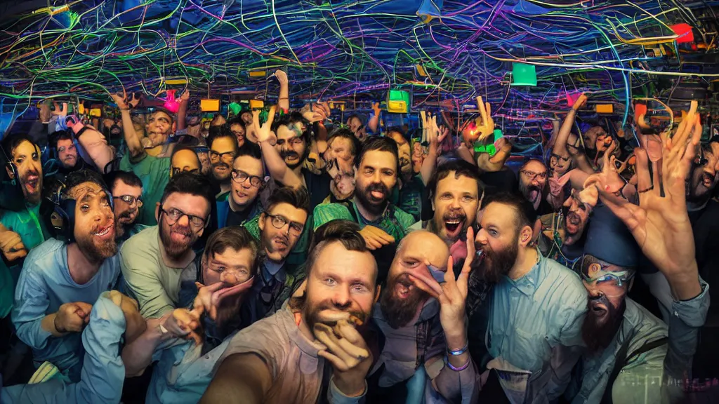 Prompt: selfie of a tight group of happy drunken hackers at a party in a highly detailed server room with computers everywhere and wires, netmeet, large speakers, in a scifi movie, vivid colors, by jamie hewlett, nuri iyem, james gurney, james jean, greg rutkowski, anato finnstark. hyper detailed, wide angle, perfect faces