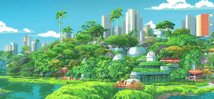 Prompt: utopian city in perfect harmony with nature, clean energy and food abundance, beautifully landscaped and tropical a digital illustration by studio ghibli
