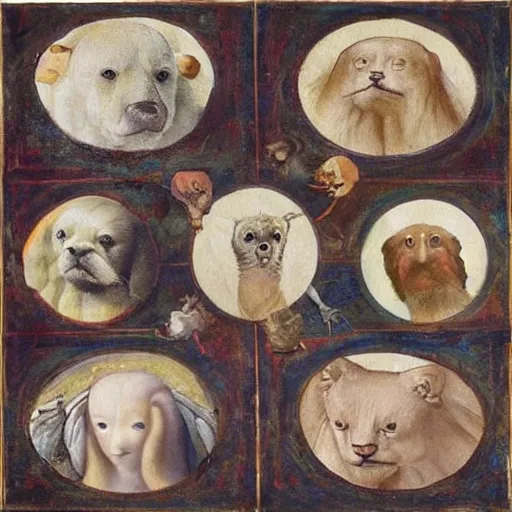 Image similar to multiple paintings by Leonardo Davinci in a 4x4 grid of various cute animals looking adorably at the camera