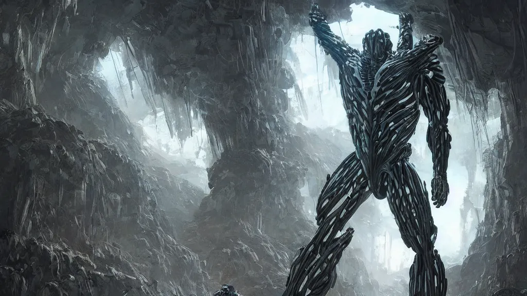 Image similar to a human wearing crysis nanosuit with powerful biological muscle augmentation, head visible, post - apocalyspe settlement with houses, hydroponic farms, cave entrance, at dawn, painted by tsutomu nihei, painted by artgerm and greg rutkowski