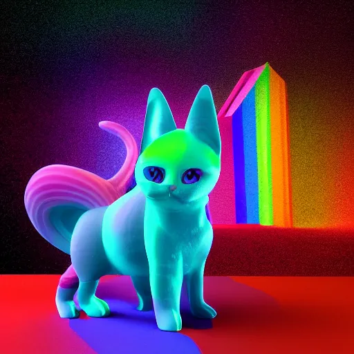 Prompt: 3d rainbow cat character by Beeple, 3/4 view