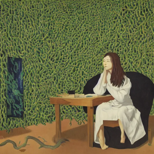 Image similar to a pathology student in her apartment, wrapped in vines, large stones, octopus, black walls, ikebana, black armchair, puddles, moss, acrylic on canvas, surrealist, by magritte and monet