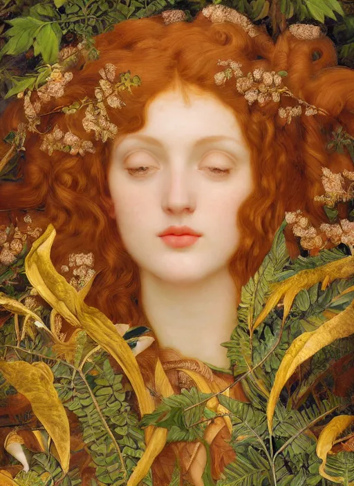 Image similar to masterpiece beautiful seductive flowing curves preraphaelite face portrait amongst leaves, extreme close up shot, straight bangs, thick set features, yellow ochre ornate medieval dress, magpie, amongst foliage mushroom forest circle arch framing, frederic leighton and kilian eng and rosetti, 4 k