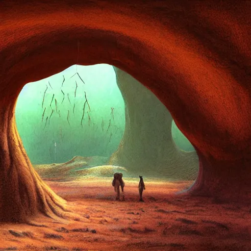 Prompt: photorealistic exotic alien landscape cave by John Schoenherr and Jim Burns