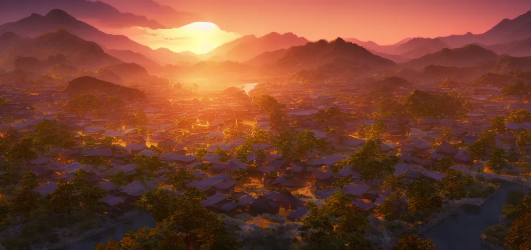 Image similar to epic view of beautiful ancient japanese city at sunset, clear skies, winding rivers, there are hills in the far background distance, unreal engine, dramatic lighting, detailed, ambient occlusion, global illumination, god rays, 3 d artstation render by greg rutowski and jessica rossier