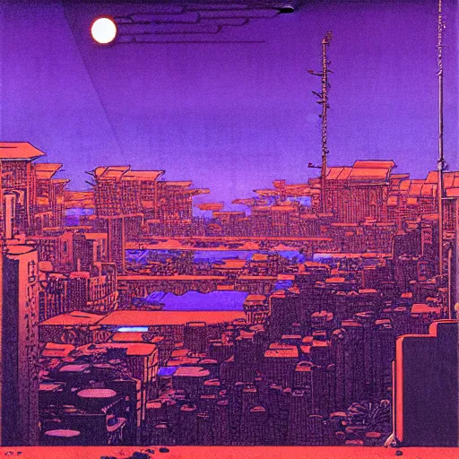 Prompt: purple cyberpunk city, by Hokusai and Beksinski