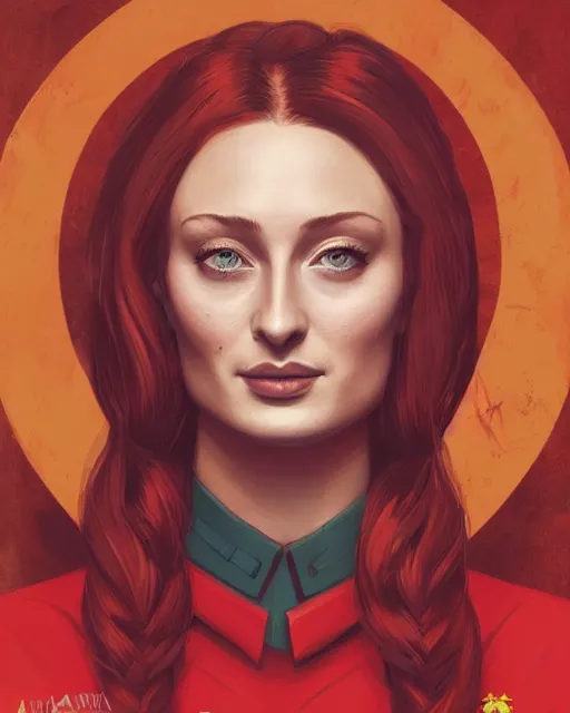 Prompt: a stunning portrait of sophie turner as a communist, smiling, closeup, soviet propaganda poster, by ross tran, by angel ganev, highly detailed, trending on artstationhq