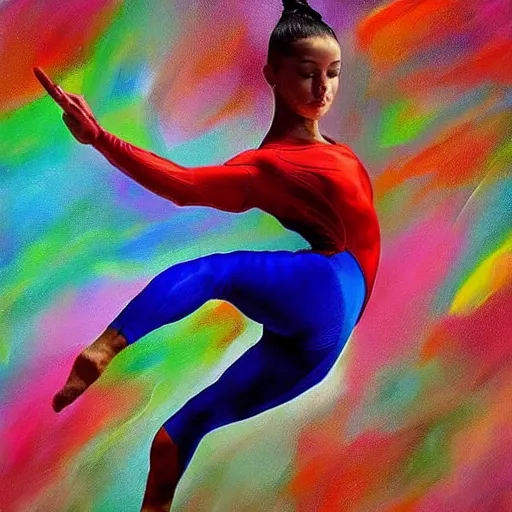 Prompt: beautiful gymnast on fluid masses of oil paint, bright colours, hyperrealistic, digital art, high quality