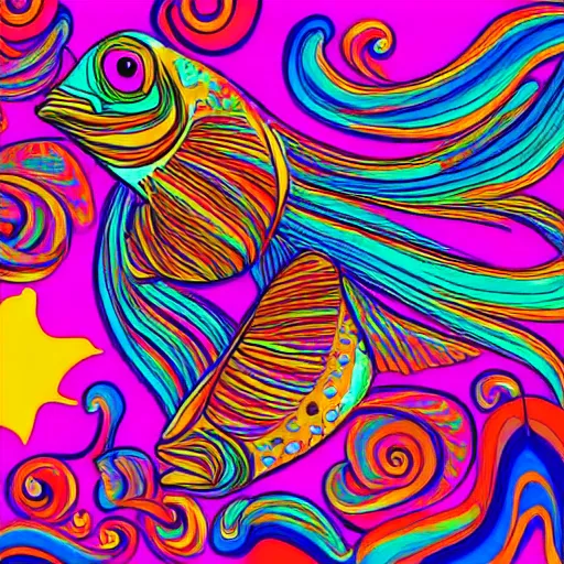 Image similar to psychedelic, photorealistic, colorful fish in a maximalist style on a background that fades to black