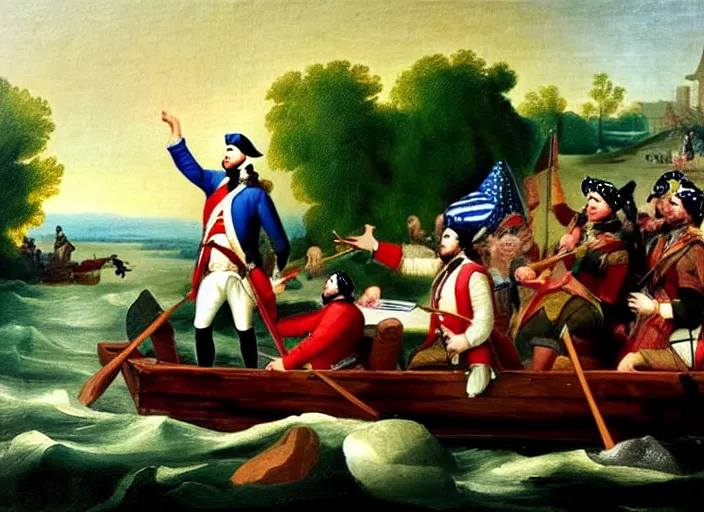 Image similar to oil painting of Washington Crossing the Delaware but Washington is taking a selfie