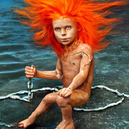 Image similar to a photo of a boy with firey hair emerging from the water with chains on his arms and legs 1 9 7 7 photo, realistic, photorealistic, detailed,