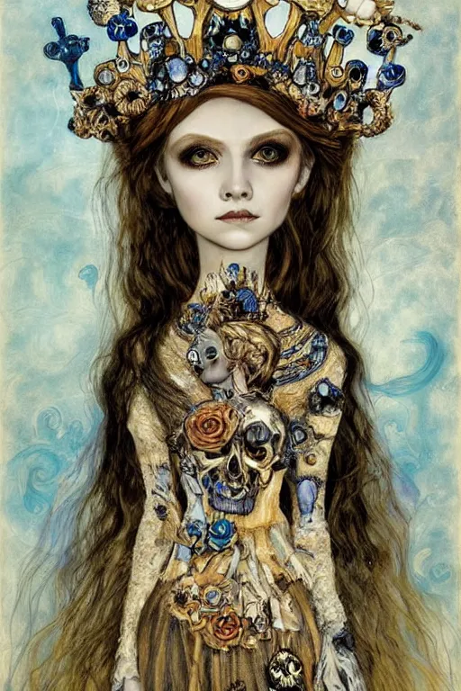 Image similar to The Princess of Bones by Karol Bak, Jean Deville, Gustav Klimt, and Vincent Van Gogh, portrait of a porcelain doll princess wearing a crown, porcelain ball-joint doll face with blue painted tattoos, pale blue eyes, mystic eye, otherworldly, crown made of bones, ornate jeweled crown, skulls, fractal structures, arcane, inscribed runes, infernal relics, ornate gilded medieval icon, third eye, spirals, rich deep moody colors