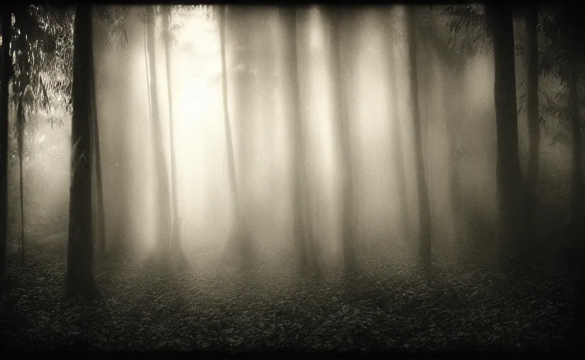 Prompt: beautiful misty wood, sunlight morning in jungle, 4 5 degree light, mystic, melancholy, pinhole analogue photo quality, lomography, blur, unfocus, cinematic, foil effect, holographic effect, monochrome