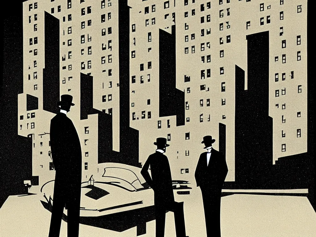 Image similar to two suspicious men in a parked a car in front of a very tall building, desert street, late at night, dimly lit, gangster, film noir, upscale 1920, relaxed poose, art deco, artwork by coles phillips, post processing, intricate, grim yet sparkling atmosphere, beautifully detailed render, post-processing, extremely hyperdetailed, 8k octane beautifully detailed render, intricate, epic composition,cinematic lighting, art nouveau