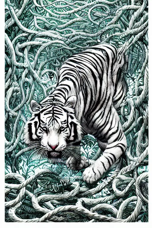 Image similar to ultra realistic full - body white tiger wrapped in vines and white flowers + black paper + elements + white + gold + cyan + baroque + rococo + ink, marc simonetti, paul pope, peter mohrbacher, detailed, intricate ink illustration