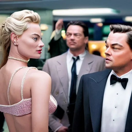 Image similar to leonardo dicaprio as the wolf of wall street next to margot robbie as naomi from the wolf of wall street, hyper realistic faces, cinematic, long shot, hyper detailed, 8 5 mm photograph, 8 k resolution, film still, sharp lens, wide lens