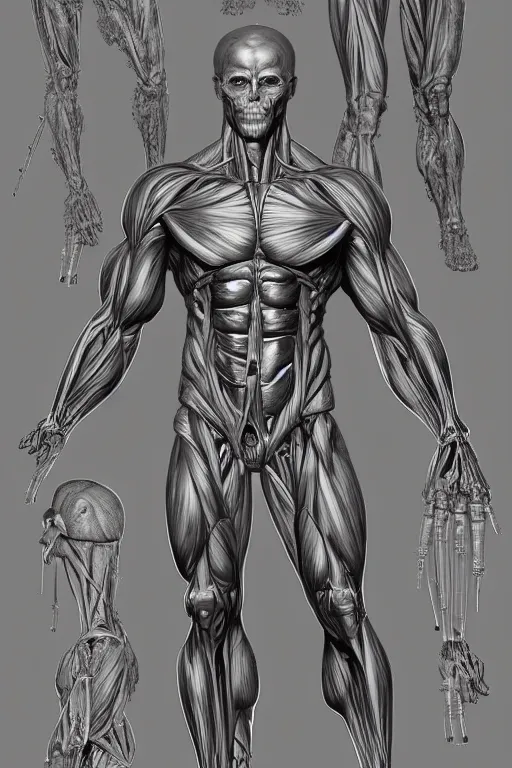 Prompt: full body mutant human anatomy concept, medical anatomy, cybernetic implants, gun metal grey, mecha limbs, muscular system reference, anatomical art, digital art, in the style of ruben alba, aaron sims, amanda lilleston, luka mivsek, bryan christie, ranjit ghosh, artstation, pinterest, deviantart, photoshop, octane render, unreal engine