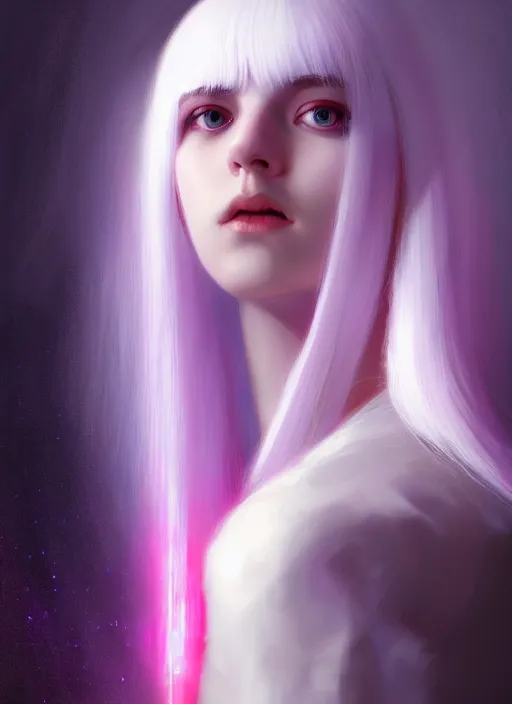 Image similar to hair whitebangs hair, white hair, whitebangsblackhair, portrait of teenage girl with white bangs, red irises, purple clothes, intricate, elegant, glowing lights, highly detailed, digital painting, artstation, concept art, sharp focus, illustration, art by wlop, mars ravelo and greg rutkowski