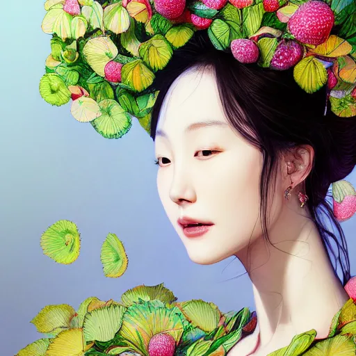 Prompt: the portrait of an absurdly beautiful, graceful, elegant, young sung yuri made of strawberries and green petals, an ultrafine hyperdetailed illustration by kim jung gi, irakli nadar, intricate linework, bright colors, octopath traveler, final fantasy, angular, unreal engine 5 highly rendered, global illumination, radiant light, detailed and intricate environment