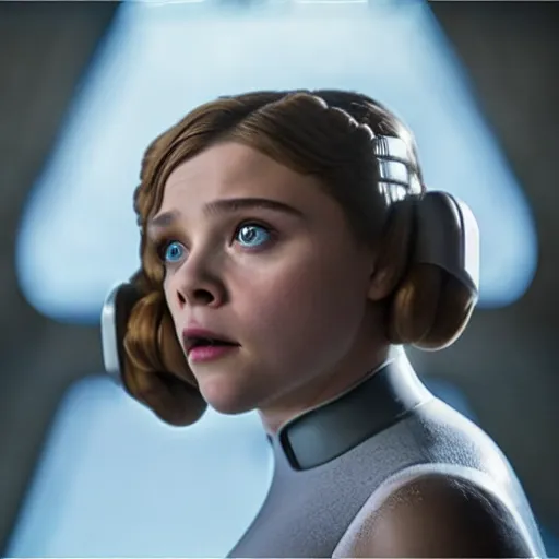 Image similar to Adult Chloe Moretz as Princess Leia, movie scene, XF IQ4, 150MP, 50mm, F1.4, studio lighting, professional, Look at all that detail!, Amazing!, Dolby Vision, UHD