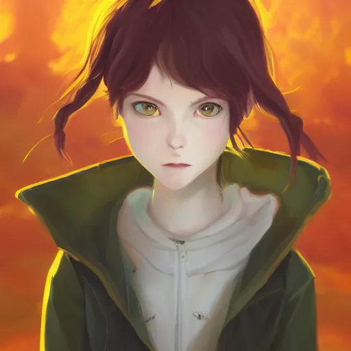 Prompt: portrait of a pale redheaded demon girl with yellow eyes and horns wearing a jacket, galaxy background, highly detailed, digital painting, artstation, matte, by makoto shinkai, animation style, studio ghibli, anime key visual