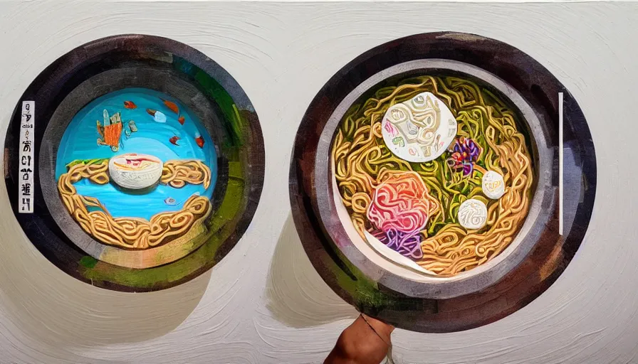 Prompt: looking down into a giant traditional ceramic bowl filled with Japan nature, crafts, travel and adventure, assembled to look like ramen, isolated on a minimalist white acrylic base coat, acrylic airbrush collage-painting by Jules Julien, Leslie David and Lisa Frank, muted colors with predominant white background minimalism, neon color mixed media painterly details, neo-classical composition, rule of thirds, design tension, impactful graphic design