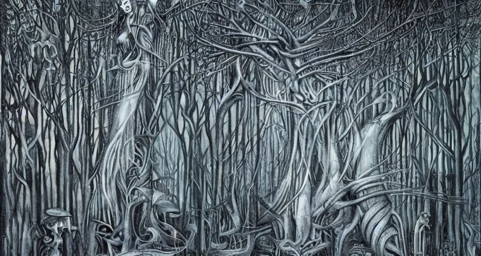 Image similar to Enchanted and magic forest, by HR Giger