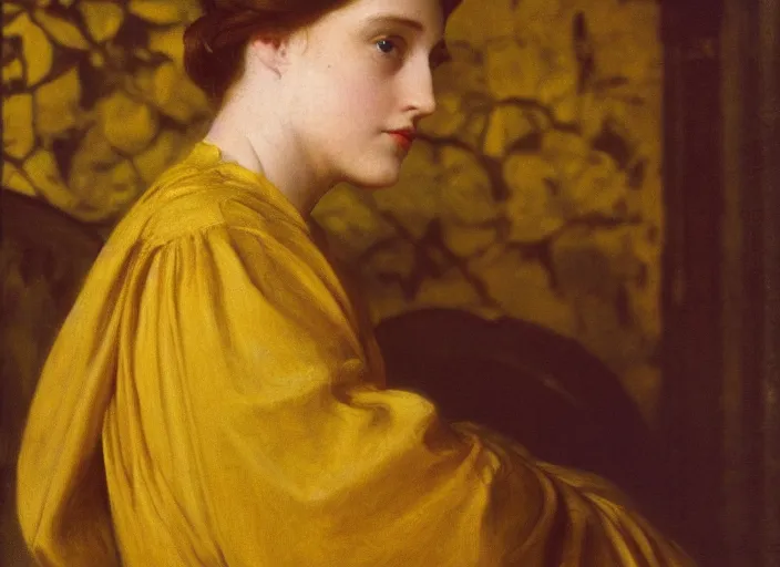 Image similar to portrait of jemma channing, wearing yellow ochre, preraphaelite colour photography by frederic leighton, 8 k