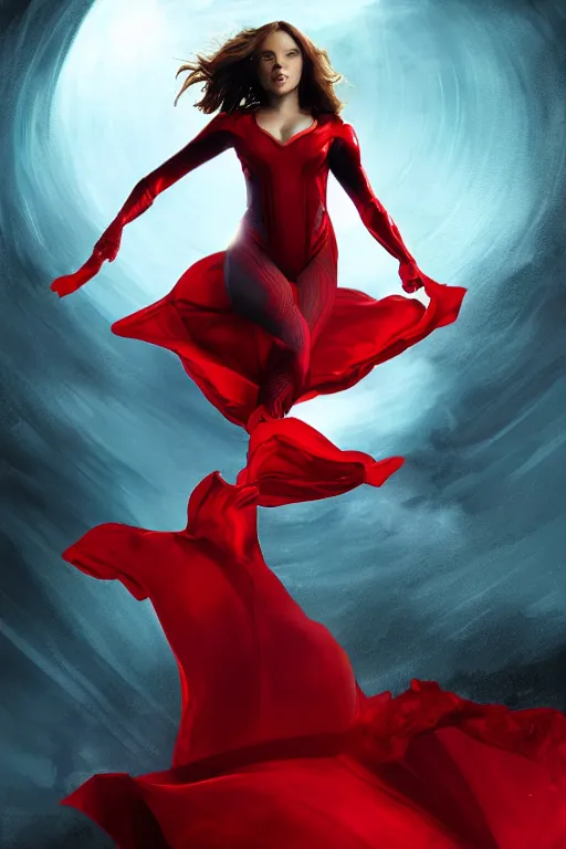 Prompt: marvel superhero, beautiful woman, floating in the air, red tight costume and red long hair, black cloak, power field around her, detailed portrait, dark background texture, 8 k, concept art, illustration by john byrne and terry austin. cinematic dramatic atmosphere, sharp focus, volumetric lighting, cinematic lighting, studio quality