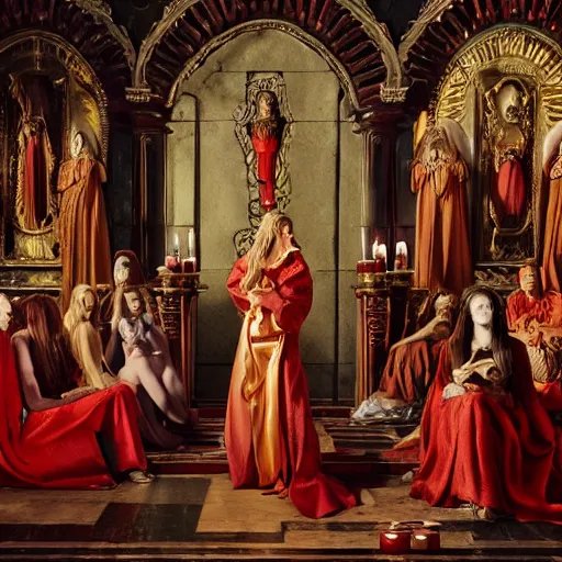 Image similar to the goddess of blood in silk robes of blood, cultists watching, red hoods, candle lights, renaissance, baroque, gothic, high detail, dark lighting, atmospheric, extremely detailed, intricate, smooth, 8 k