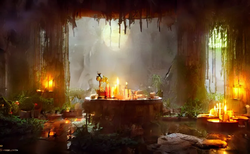 Image similar to painting of an interior of a hot spring with candles, fantasy, lush plants and flowers, natural light, concept art, by greg rutkowski and craig mullins, cozy atmospheric and cinematic lighting, trending on artstation