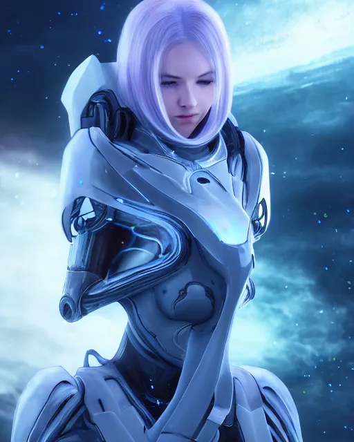 Image similar to perfect android girl on a mothership, warframe armor, beautiful face, scifi, futuristic, galaxy, nebula, raytracing, dreamy, long white hair, blue cyborg eyes, sharp focus, cinematic lighting, highly detailed, artstation, divine, by gauthier leblanc, kazuya takahashi, huifeng huang