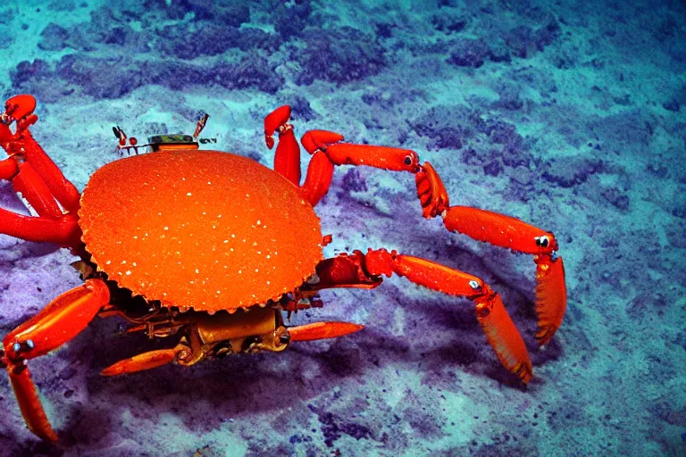 Prompt: robot crab underwater, in 2 0 1 2, bathed in the the glow of a crt television, royalcore, low - light photograph, photography by tyler mitchell