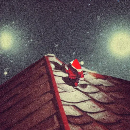 Image similar to a grainy realistic photograph of santa ontop of a rooftop climbing down a chimney at night, shot on an old polaroid camera, grainy vhs texture 4 k, realistic, unreal engine 5, sharp details, 3 0 0 dpi