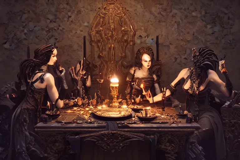 Image similar to dark witches sitting at a table doing a ritual. Ornate details, award winning. Octane render, 4k, 8k, unreal 5, very detailed, hyper control-realism, trending on artstation.”