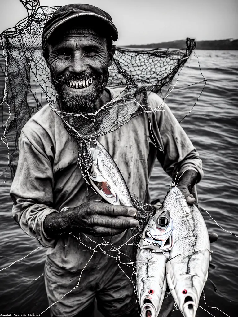 Image similar to an imperfect journalistic portrait of a fisherman, after he has caught a tokomak in his net. he grins proudly, baring his gargantuan razor sharp teeth like blades of a professional food processor