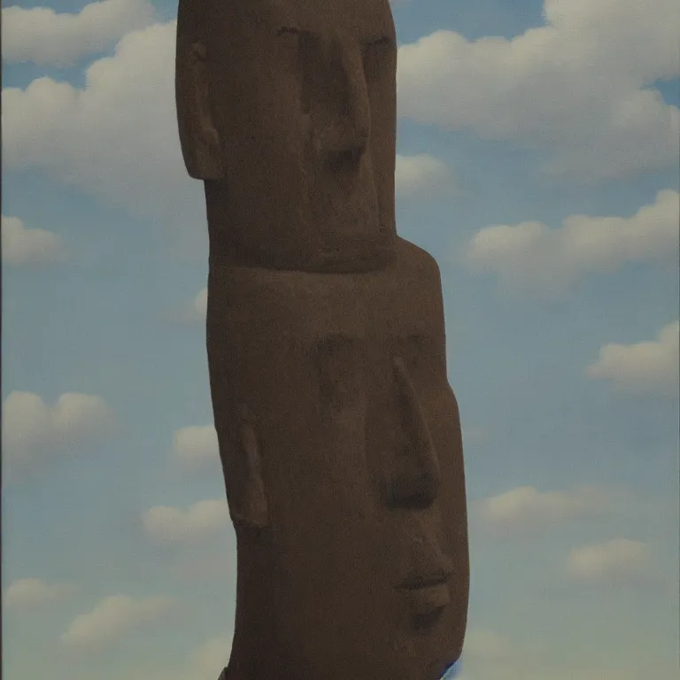 Image similar to portrait of a faceless moai - head man in a suit, clouds in the background, by rene magritte, detailed painting, distance, middle centered, hd, hq, high resolution, high detail, 4 k, 8 k