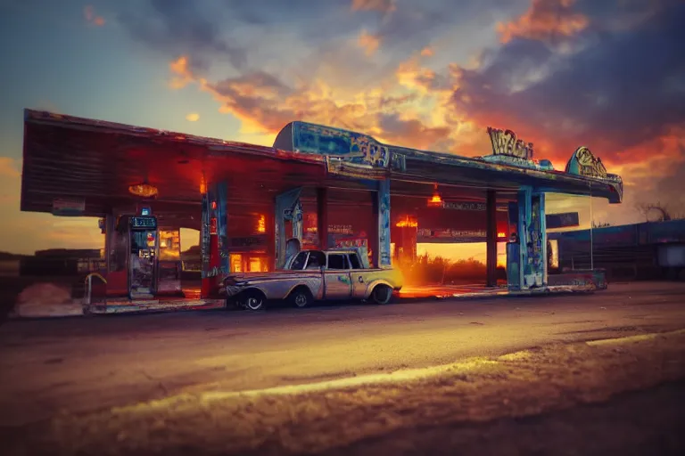 Image similar to a sunset light landscape with historical route 6 6, lots of sparkling details and sun ray ’ s, blinding backlight, smoke, volumetric lighting, colorful, octane, 3 5 mm, abandoned gas station, old rusty pickup - truck, beautiful epic colored reflections, very colorful heavenly, softlight