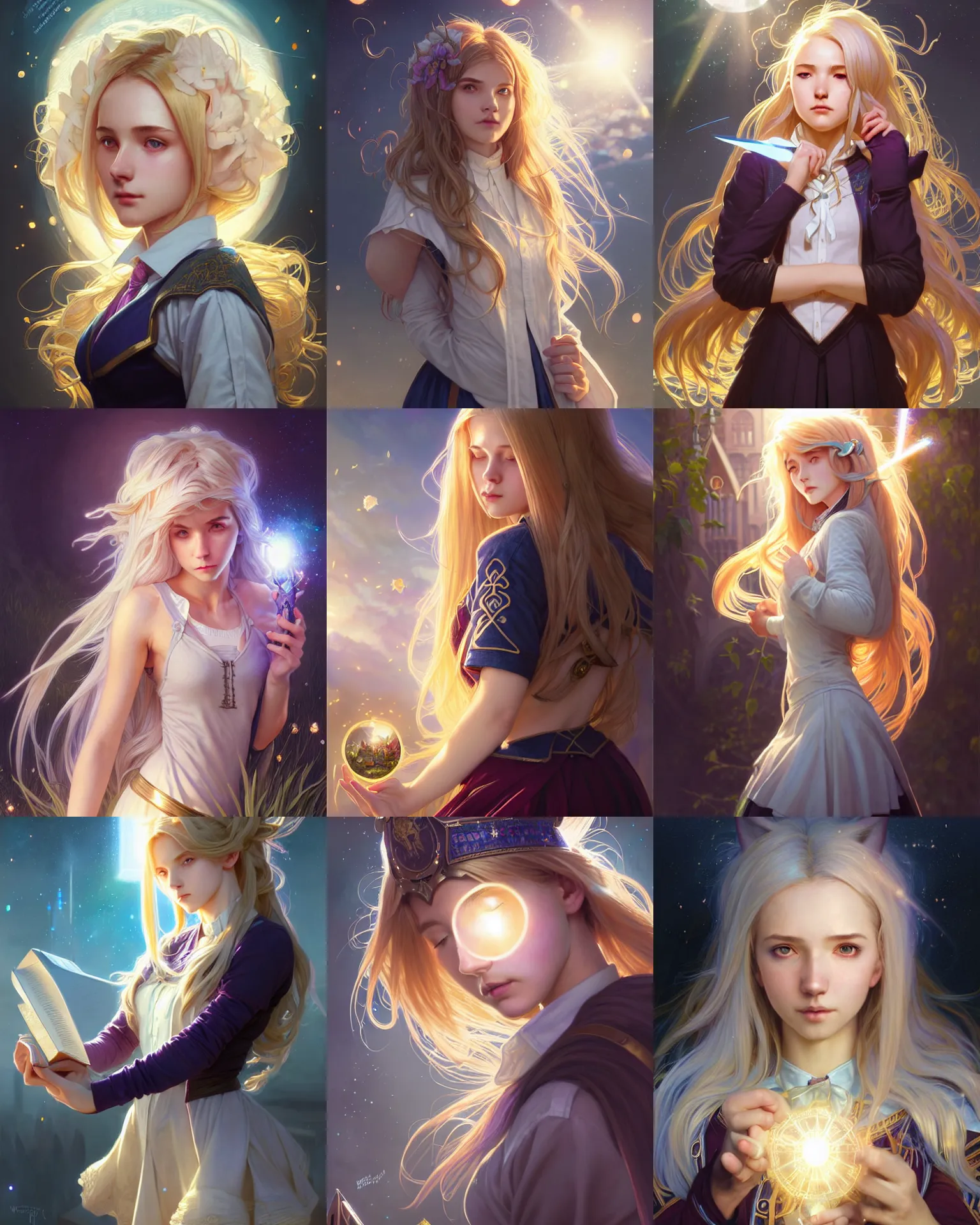 Prompt: portrait of a busy young adult college female, magic uniform university, light - coloured hair, large messy hair style, fantasy building, intricate, sharp focus, lens flare, bloom, rim light, illustration, highly detailed, digital painting, concept art, matte, art by wlop and artgerm and greg rutkowski and alphonse mucha, masterpiece